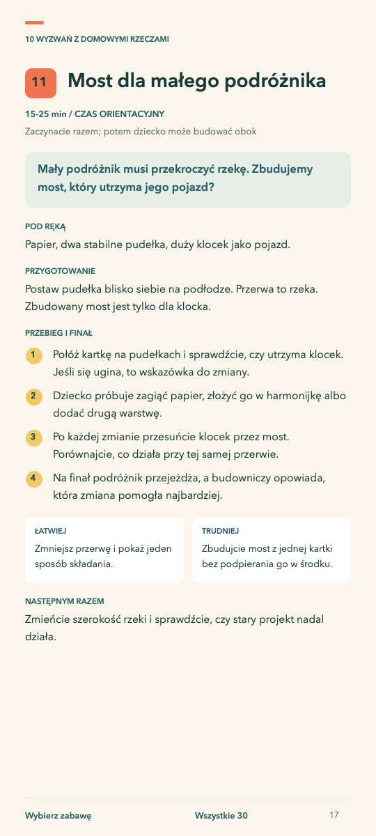 Pełny scenariusz: Most dla małego podróżnika. Lista materiałów, przygotowanie, cztery kroki, warianty łatwiejszy i trudniejszy oraz pomysł na powtórkę.